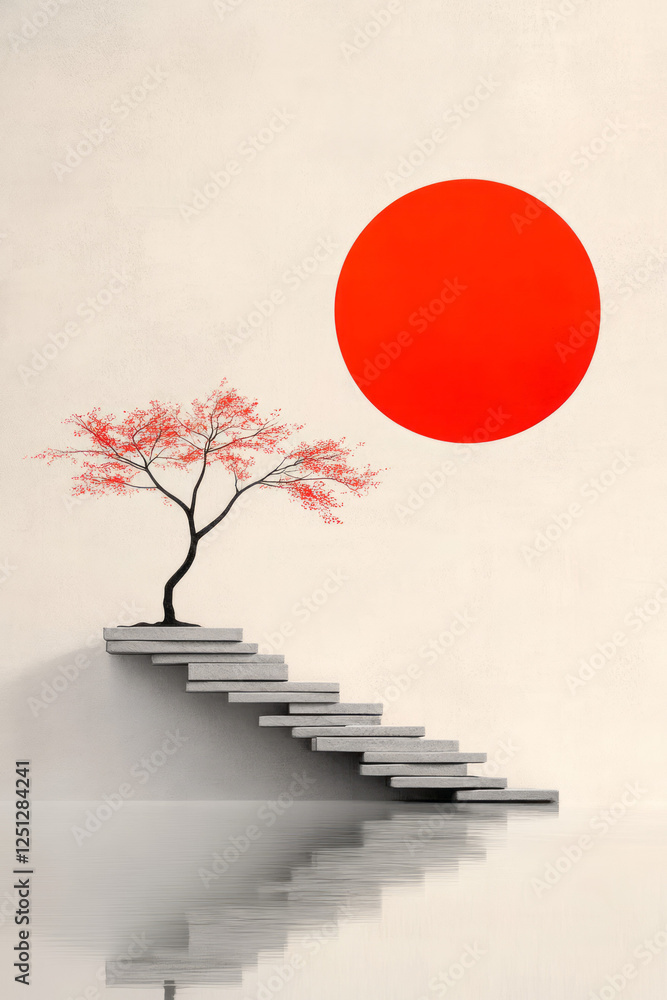 Poster a tranquil scene featuring a delicate tree rising through stacks of stone blocks, illuminated by a