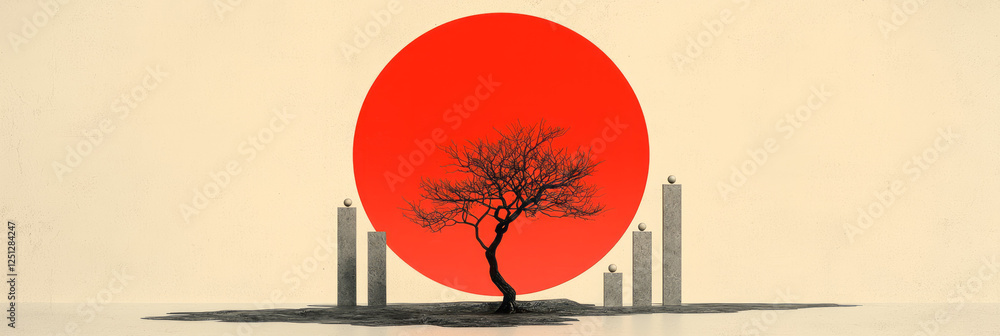 Poster a minimalist image of stone columns and gentle orbs surrounding a slender tree, framed by a large