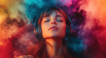 Girl with headphones savors music, her eyes closed, enveloped in a swirl of colorful smoke creating a captivating atmosphere