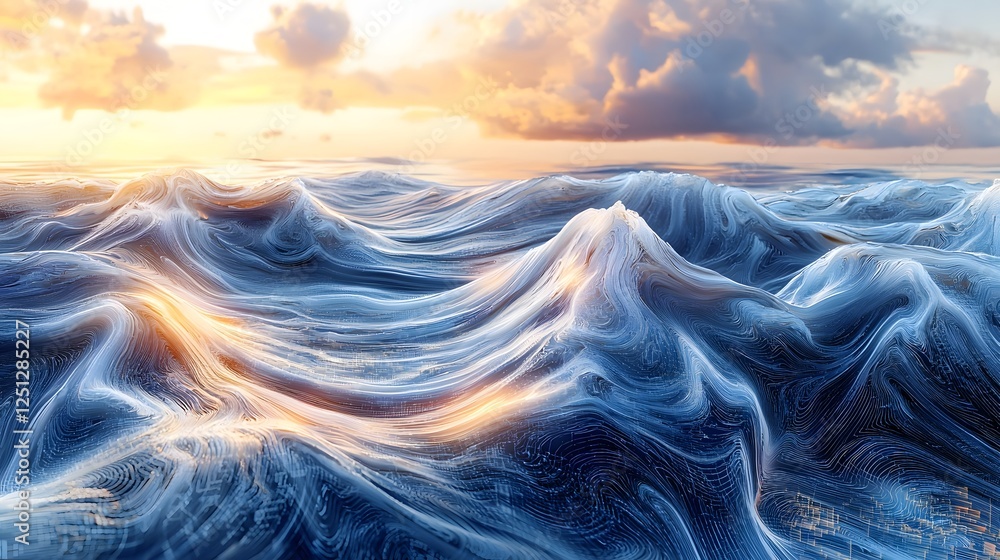 Poster swirling digital landscape with dynamic colorful patterns and waves symbolizing the complex computat