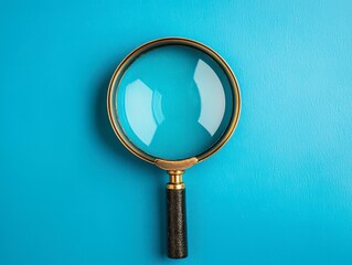 Target board inside of magnifier glass for focus business objective achievement concept on blue background and copy space