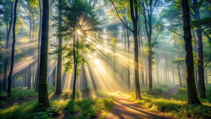 Fototapeta premium Misty forest morning with light beams filtering through dense trees creating shadows and highlights,, misty