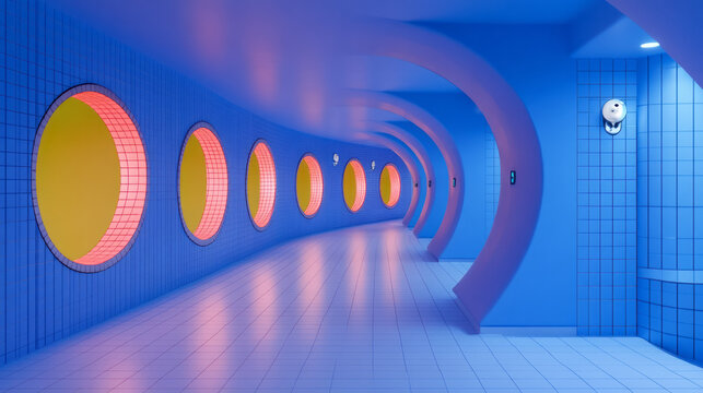 A futuristic layout highlighting large cutouts in a dimly lit tiled facade, through which rich blue