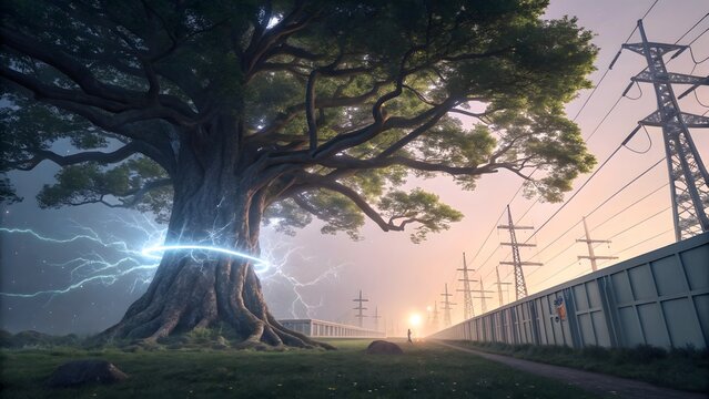 Enchanted Tree with Lightning and Power Lines in Surreal Landscape at Sunrise