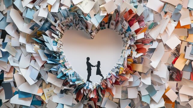 Valentine mockup card minimalist design. Heart Shape Collage of Memories with Silhouette Couple Holding Hands Representing Love Nostalgia.