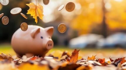 Piggy bank surrounded by fallen leaves and coins, capturing the essence of saving in autumn