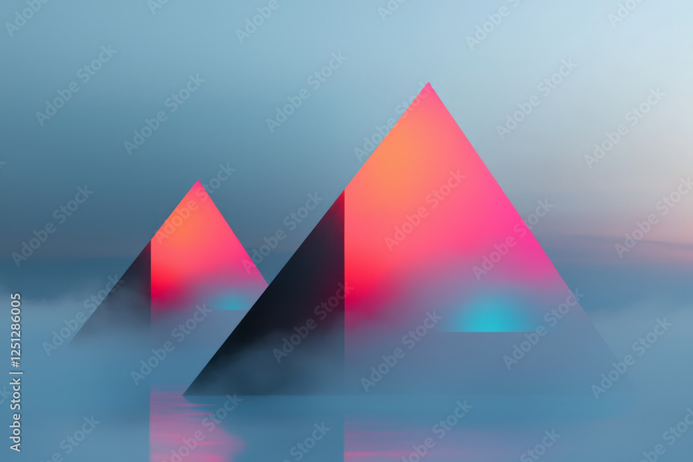 Poster a cinematic space environment showing translucent pyramids pulsing with bright pinks and oranges,