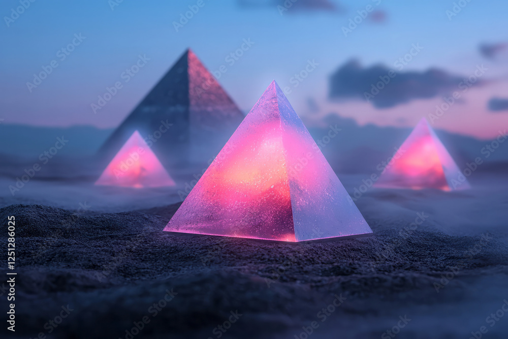 Poster a cinematic space environment showing translucent pyramids pulsing with bright pinks and oranges,