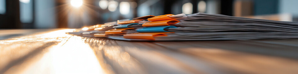 Stack of Documents with Colored Dividers on Wooden Surface