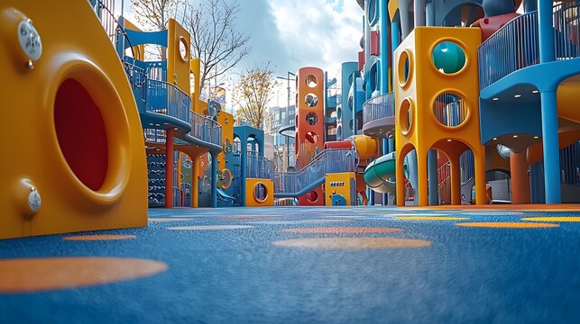 Futuristic urban playground featuring modern geometric play structures with a sleek innovative design  Bright and dynamic colors create a visually captivating environment
