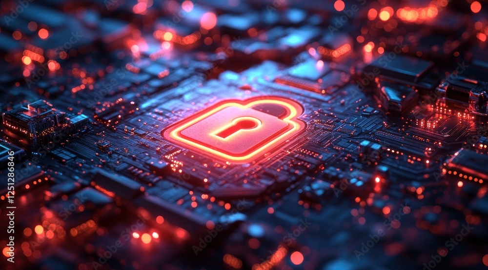 Poster futuristic digital landscape with lock symbol and circuit patterns in cyberpunk aesthetic