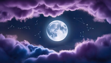 Obraz premium Full moon shining through dark clouds at night, mood and sky illustration, sky background illustration, wallpaper