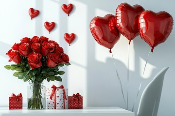 Valentine's Day concept: a bouquet of red roses and heart-shaped balloons on a table in a modern kitchen, with gift boxes against a white wall decorated with heart motifs.
