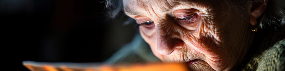 Close-up Photograph of Elderly Woman Viewing Illuminated Object