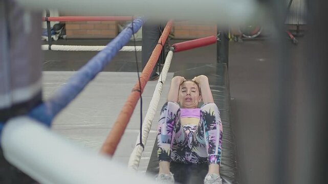 woman and boxing glove. physical exercise. words video motion. High quality footage chk