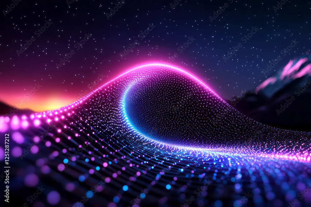 Poster a mesmerizing view where pulsating neon orbs, polygonal forms, and arcing lines converge on a