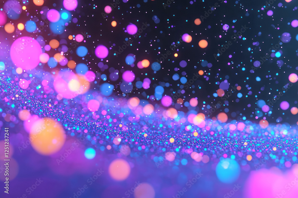 Poster a mesmerizing view where pulsating neon orbs, polygonal forms, and arcing lines converge on a
