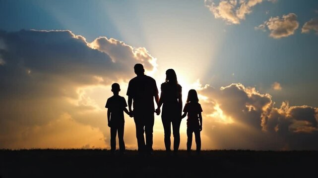 A family is standing together Outside holding hands with a sunset and clouds moving for a love, faith or togetherness concept and walking on a journey together. Video generated with AI from one of my 