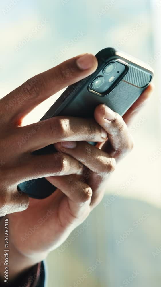 Aufkleber social media, business and hands with phone for internet, communication and app. contact, chat typin
