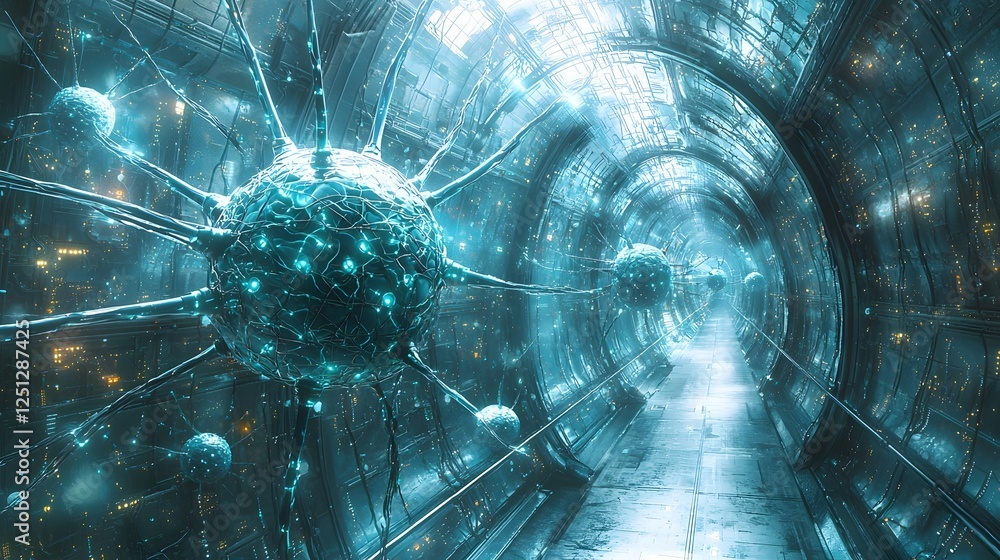 Poster futuristic neural network tunnel in glowing digital landscape representation of a complex interconne