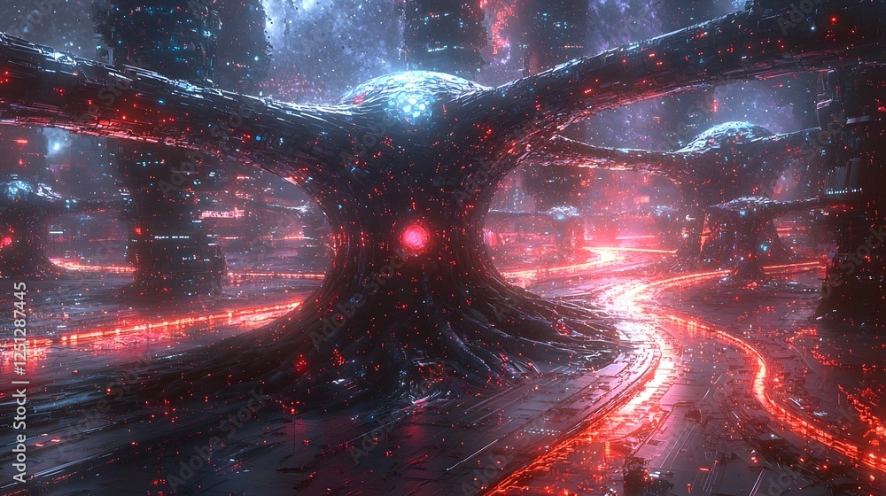 Poster futuristic high tech representation of an neural network system within a dynamic cyberpunk inspired 