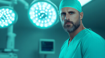 A doctor in a sleek, state-of-the-art operating theater, dramatic light beams emphasizing every
