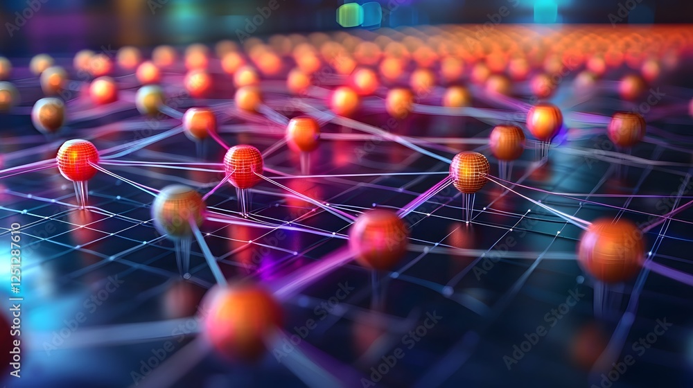 Poster interconnected digital grid with nodes and links representing a complex neural network model symboli