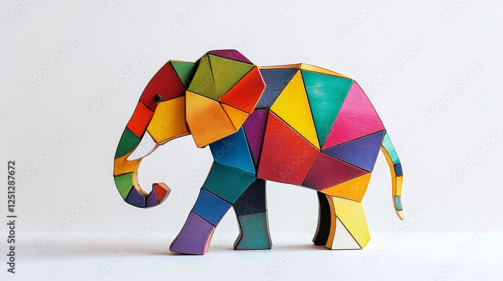 Poster colorful geometric elephant sculpture with vibrant triangular segments creating a bold modern and ab