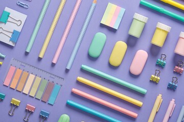 Stationery background with pastel-colored stationery neatly arranged on a light purple background.