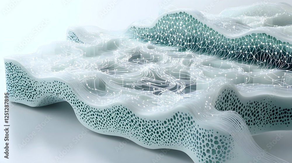 Poster rendering of a neural network with intricate layers and flowing data pathways creating a captivating