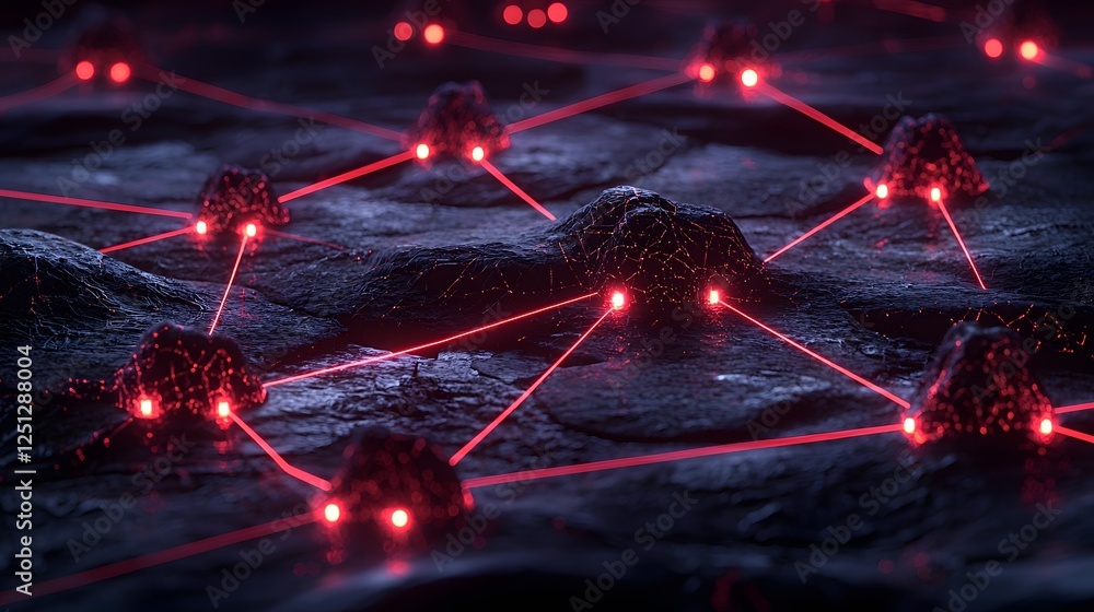 Poster interconnected neural network nodes glowing with bright neon lines against a dark futuristic backdro