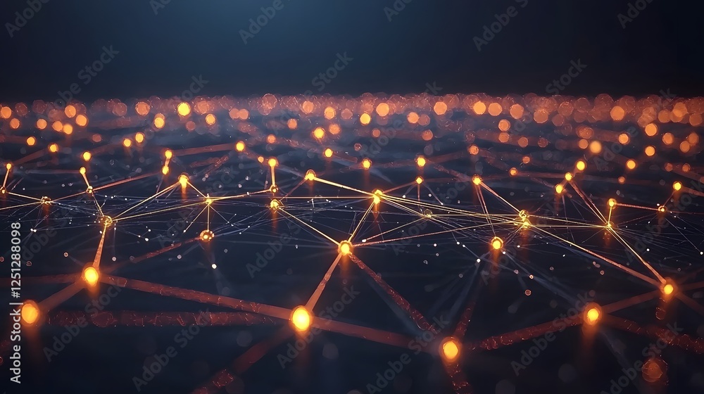 Poster futuristic and abstract digital of a neural network with nodes connected by glowing lines floating i