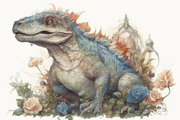 Fototapeta premium dinosaur on a light background in the rococo style., watercolor style, Generative AI