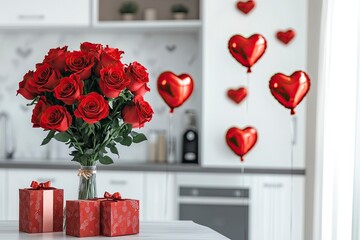 Valentine's Day concept: a bouquet of red roses and heart-shaped balloons on a table in a modern kitchen, with gift boxes against a white wall decorated with heart motifs.