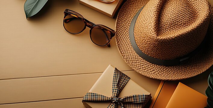 a thoughtfully styled father's day gift arrangement with a hat, a tie, a gift box, and glasses on a vertical beige backdrop, a perfect depiction of a thoughtful gift for dads. - Powered by Adobe