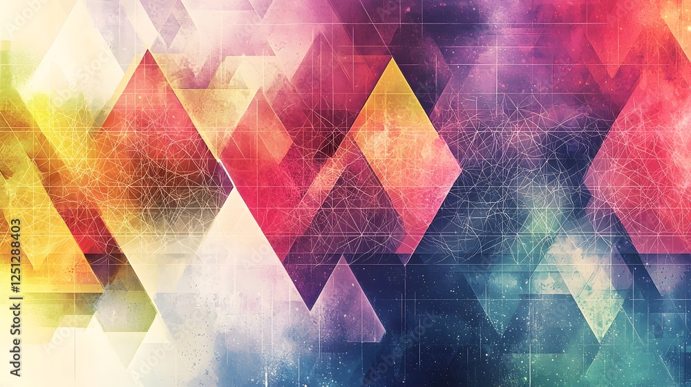 Poster vibrant geometric mosaic of interconnected triangular patterns resembling the complex structure of a