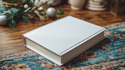 Fototapeta premium White Book Resting On Ornate Rug Wooden Surface