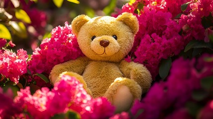Golden teddy bear surrounded by vibrant pink flowers in a sunny garden