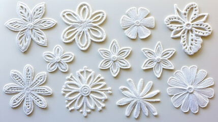 Artistic collection of intricate white lace flower designs, ideal for embellishment
