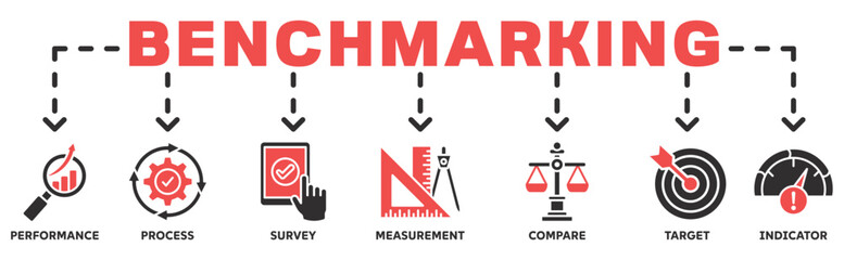 Benchmarking icon vector illustration banner web of performance, process, survey, measurement, compare, target, and indicator 