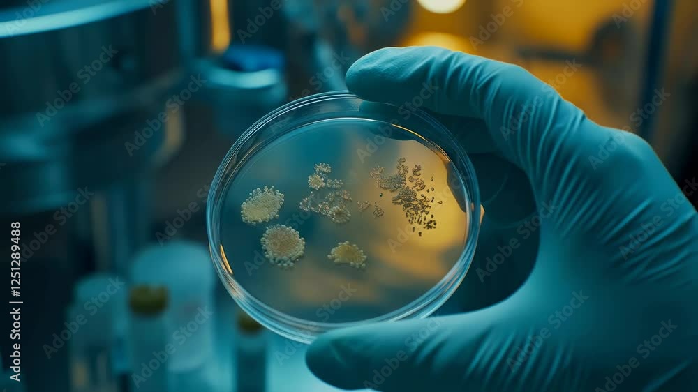 Poster scientific professional wearing protective gloves examining bacteria colonies within illuminated pet