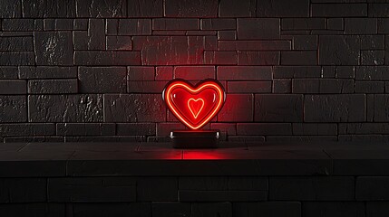 Red Neon Heart on Dark Brick Wall