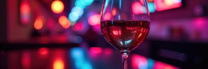 Wine glass reflection, vibrant colored lights, reflection, image, dark