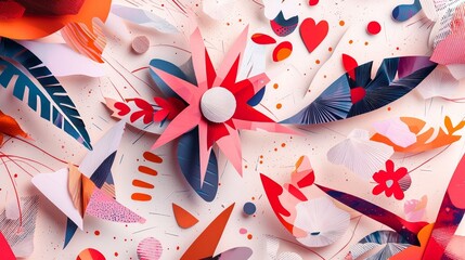 Obraz premium Valentine mockup card minimalist design. Whimsical Paper Art Composition of Floral Elements Hearts and Graphic Shapes on Textured Surface.