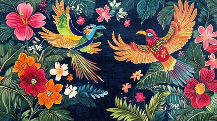 Colorful Birds and Flowers in a Vibrant Jungle Scene Artwork on Dark Background