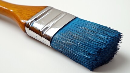 Fototapeta premium A Close Up View Of A Blue Paintbrush With Wooden Handle