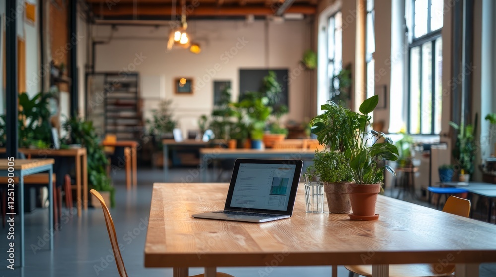 Poster laptop with an open lid resting on a table in a spacious and well-organized meeting room.
