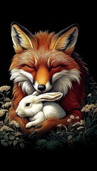 Obraz premium Fox And Rabbit A Tender Moment Of Interspecies Friendship On Black Background, Wildlife Art