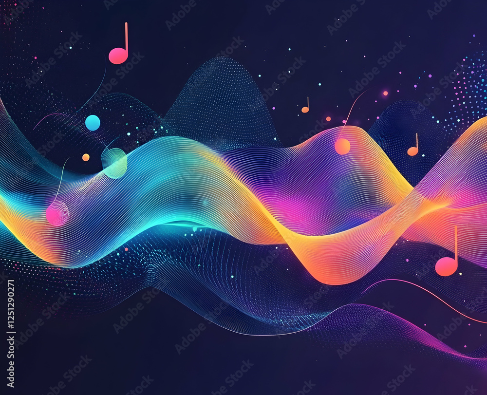 Poster vector background with colorful musical notes and waves on a dark black background