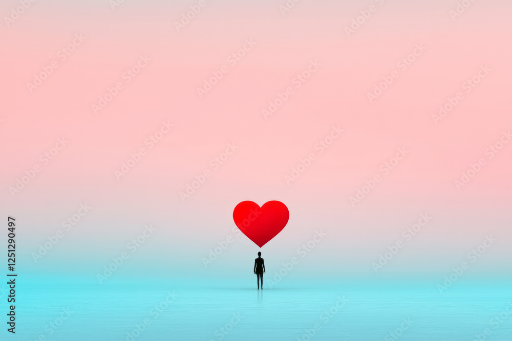 Poster a minimalist surreal scene featuring a lone figure beneath a heart shape merging seamlessly into